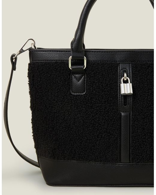 Accessorize Black Faux Shearling Lock Tote Bag