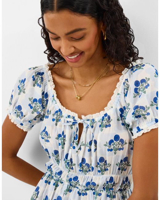 Accessorize Blue Floral Print Puff Sleeve Midi Dress