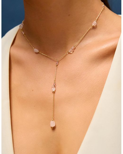 Accessorize White 14Ct-Plated Rose Quartz Lariat Necklace
