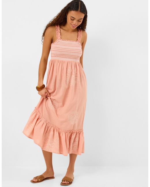 Accessorize Pink Cotton Floral Embroidered Smocked Midi Dress
