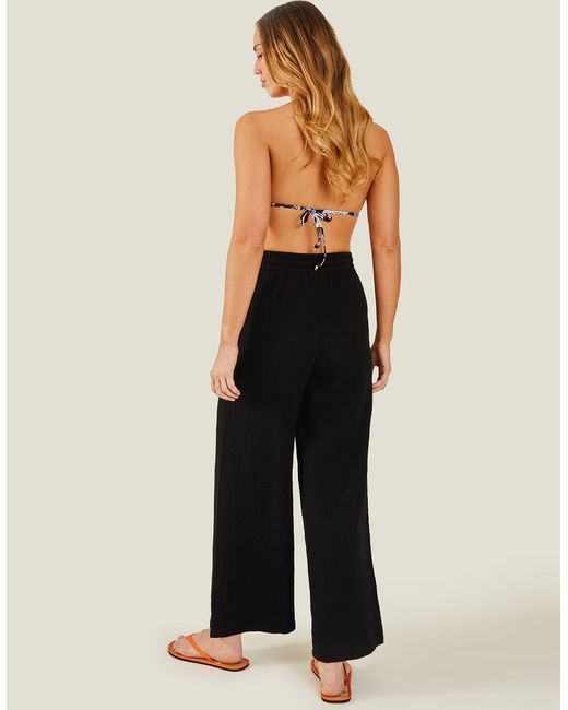 Accessorize Black Wide Leg Relaxed Fit Cotton Crinkle Beach Trousers