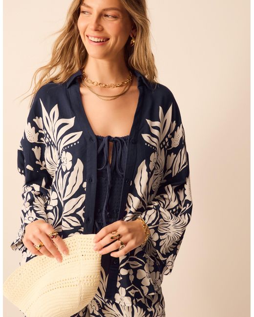 Accessorize Blue Long Sleeve Collared Shirt Regular Floral Print, & Cream