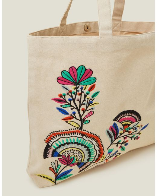 Accessorize Natural Women's Beige Cotton Embroidered Shopper Bag