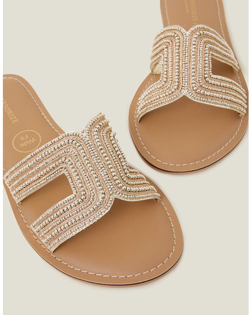 Accessorize Natural Women's Bella Beaded Wide Fit Sandals Gold
