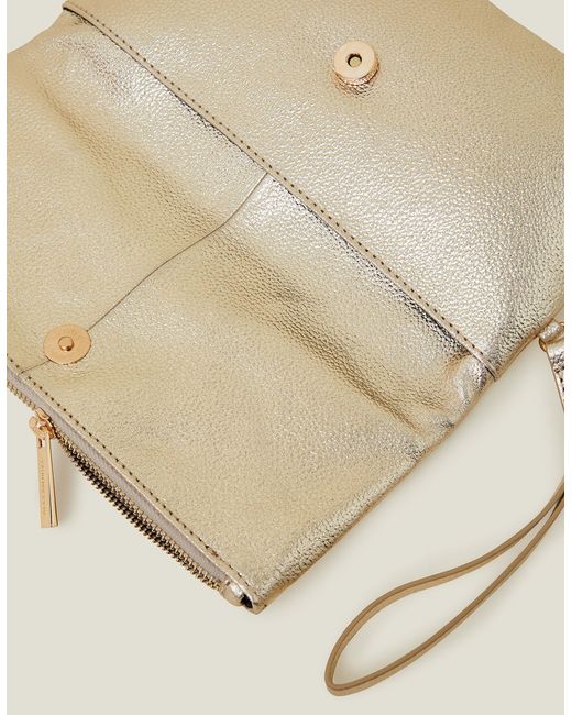 Accessorize Natural Leather Metallic Fold Over Clutch Gold