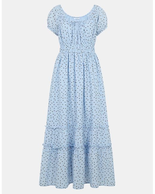 Accessorize Blue Midi Short Sleeve Square Neck Puff Cotton Polka Dot Dress
