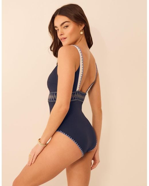 Accessorize Blue One-Piece Sleeveless Regular Geometric Stitch Plunge Swimsuit
