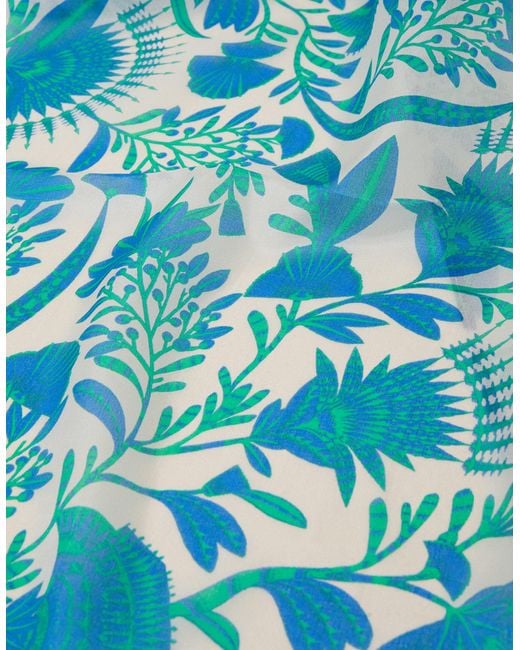 Accessorize Blue Women's Green And White Silk Fan Print Scarf