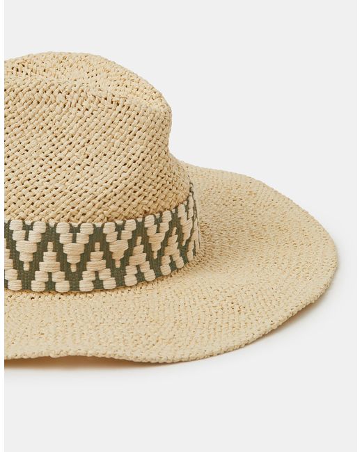 Accessorize Natural Embroidered Chevron Straw Fedora Hat