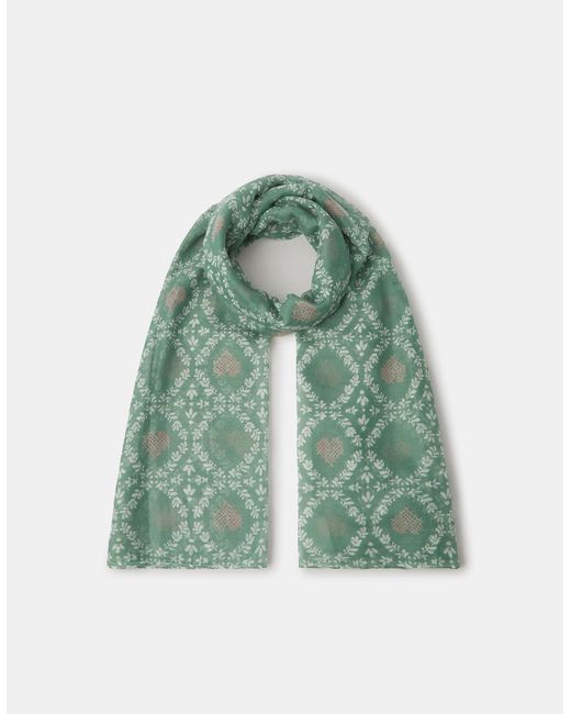 Accessorize Green Lightweight Cross Stitch Heart Print Scarf