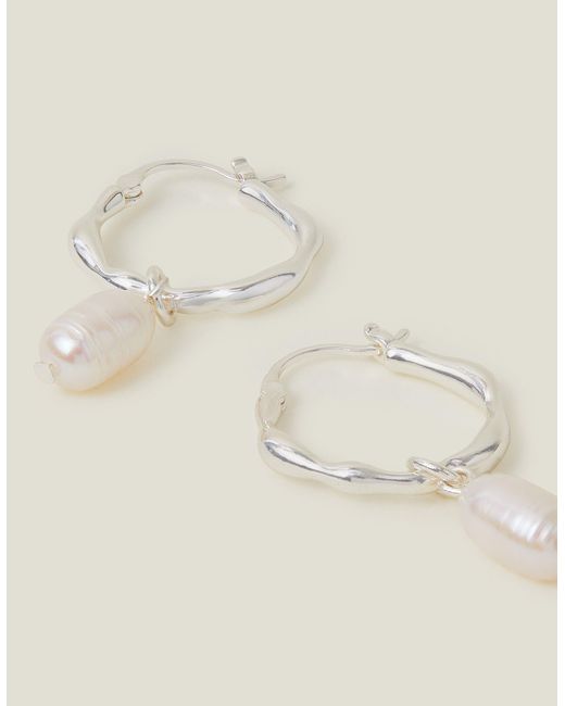 Accessorize Natural Women's Sterling Silver Plated Embellished Brass Molten Pearl Drop Hoops