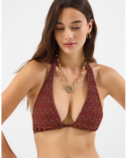 Accessorize Red Shimmer Crochet Triangle Bikini Top