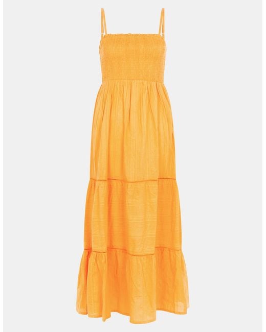 Accessorize Yellow Cotton Shimmer Smocked Midi Dress
