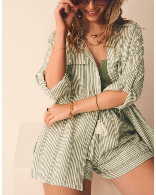 Accessorize Natural Short Sleeve Collared Cotton Regular Striped Stripe Shirt