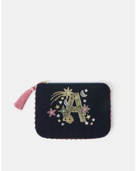 Accessorize Blue Embellished Initial Velvet Pouch