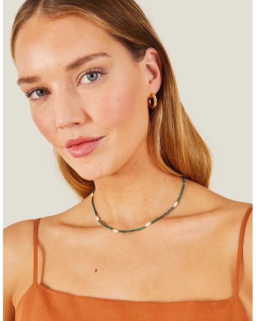 Accessorize Metallic Green 14ct Gold-plated Pearl Station Necklace
