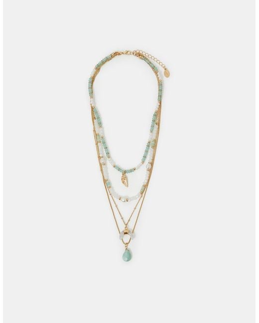Accessorize White Feather Pendant Bead Layered Necklace