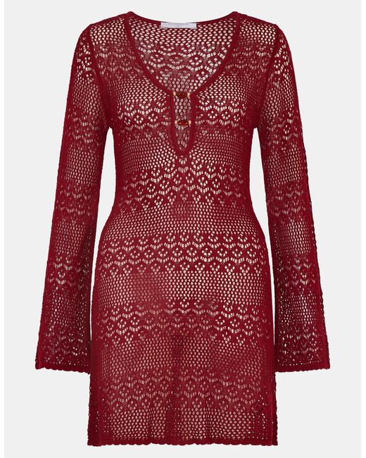 Accessorize Red Mini Long Sleeve Knitted Knit Beach Dress