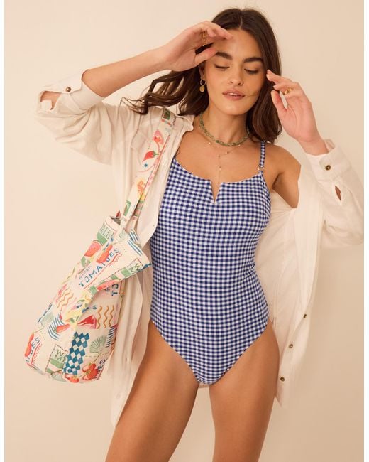 Accessorize Blue One-Piece Sleeveless Regular Gingham Print Shaping Swimsuit