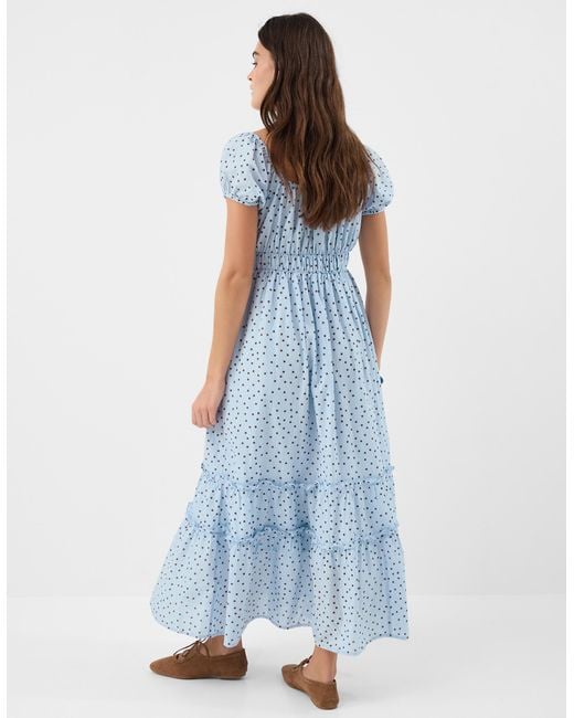 Accessorize Blue Midi Short Sleeve Square Neck Puff Cotton Polka Dot Dress
