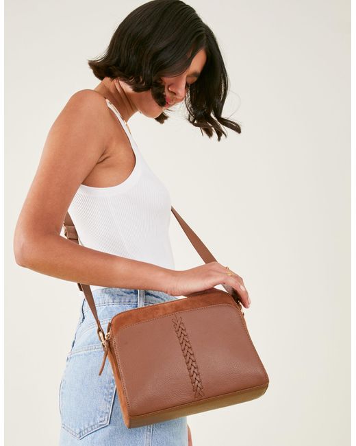 Accessorize Brown Women's Tan Leather Double Zip Cross-body Bag