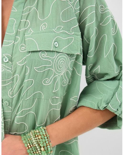 Accessorize Green Cotton Sun Embroidered Beach Cover Up Shirt