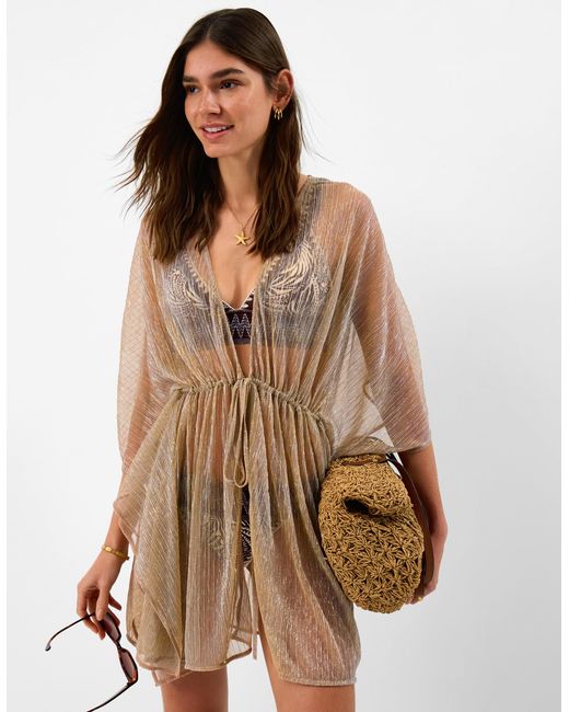 Accessorize Natural Casual Mini Short Sleeve V-Neck Regular Kaftan Shimmer