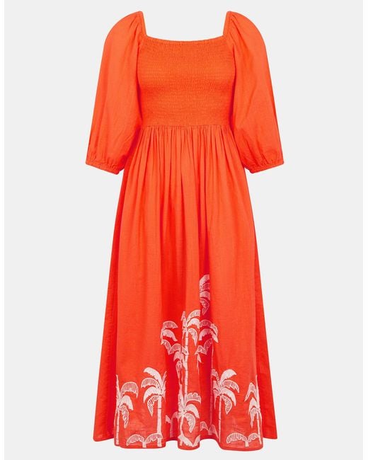 Accessorize Palm Embroidered Cotton Puff-Sleeve Midi Dress