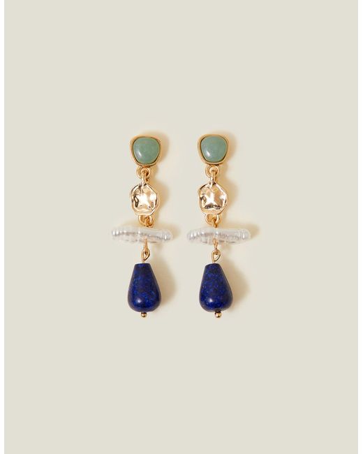 Accessorize Blue Women's Gold Eclectic Pearl Gem Drop Earrings