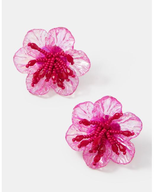Accessorize Pink Beaded Hibiscus Stud Earrings