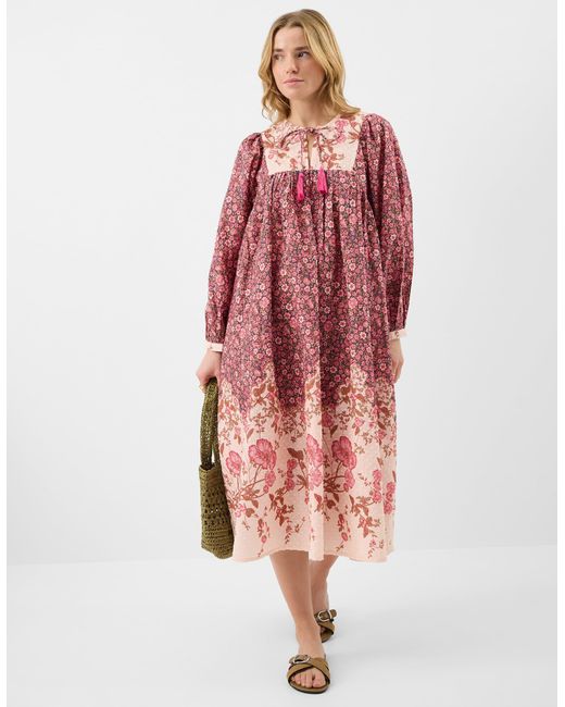 Accessorize Red Cotton Floral Print Long Sleeve Midi Dress