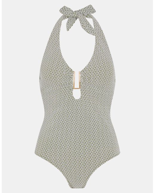 Accessorize White Geometric Textured Halter Neck Swimsuit