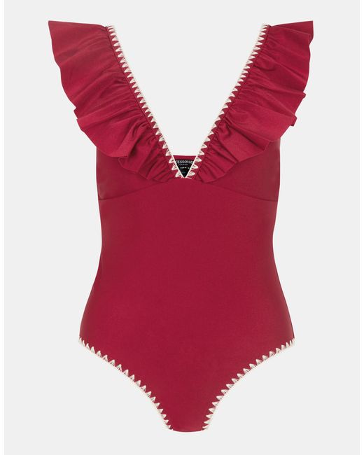 Accessorize Red Ruffle Plunge Swimsuit