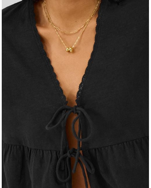 Accessorize Black Short Sleeve V-Neck Cotton Blouses Regular Puff Tie Front Blouse