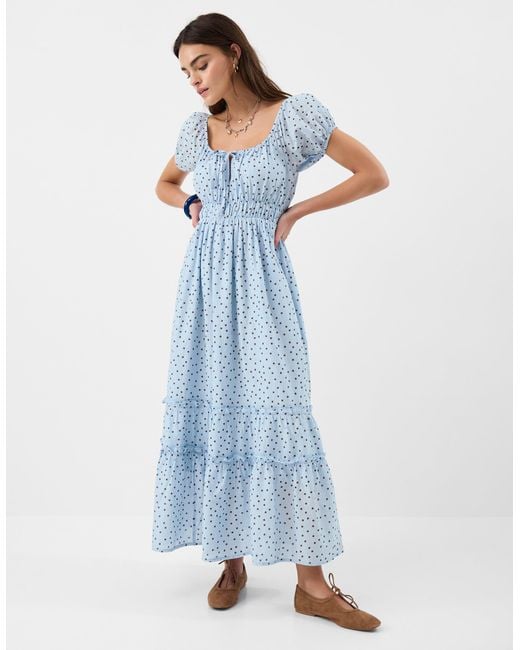 Accessorize Blue Midi Short Sleeve Square Neck Puff Cotton Polka Dot Dress