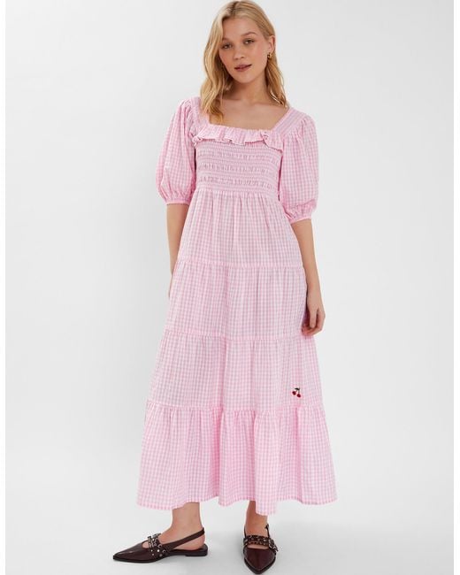Accessorize Pink Cherry Gingham Puff-Sleeve Maxi Dress