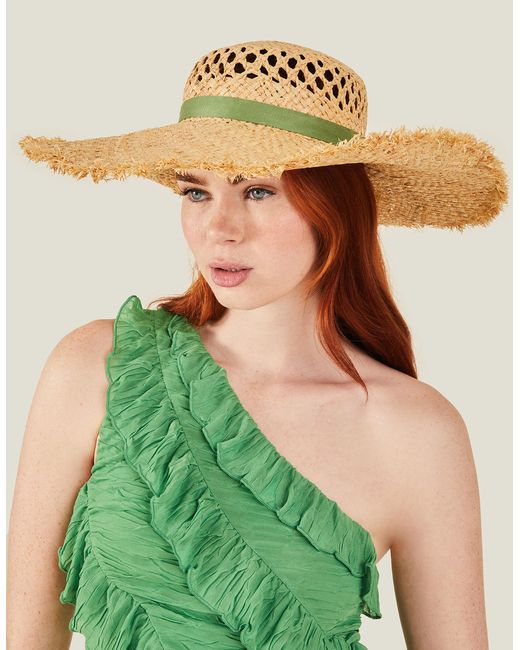 Accessorize Natural Green Raw Edge Woven Hat