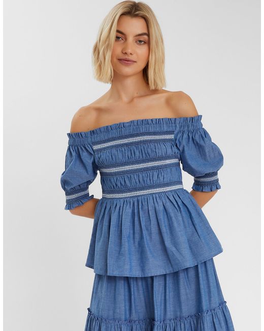 Accessorize Blue Off-The-Shoulder Smocked Top
