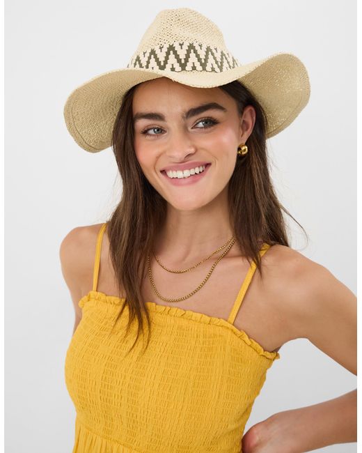 Accessorize Natural Embroidered Chevron Straw Fedora Hat
