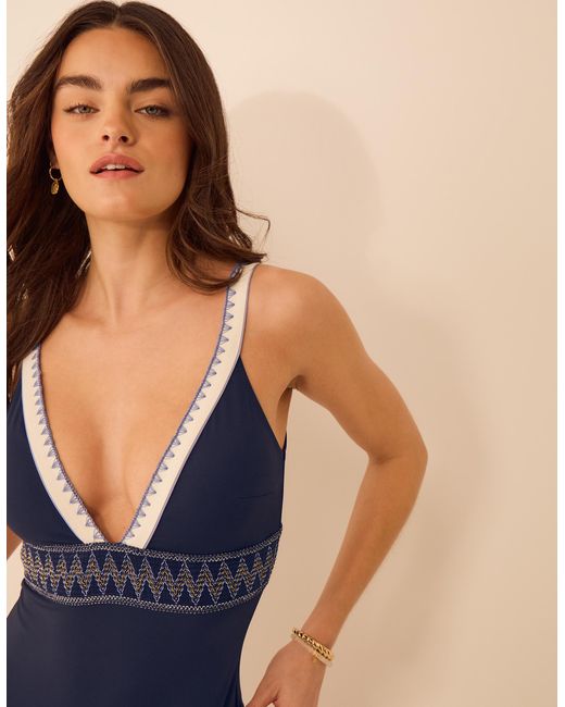 Accessorize Blue One-Piece Sleeveless Regular Geometric Stitch Plunge Swimsuit