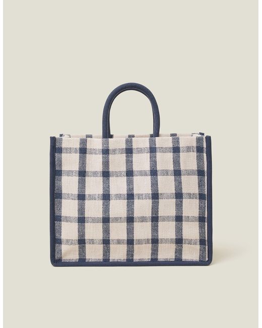 Accessorize Green And Cream Checked Cotton Woven Check Print Shopper Bag