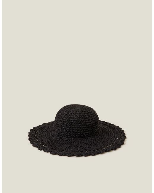 Accessorize Black Scallop Floppy Straw Sun Hat