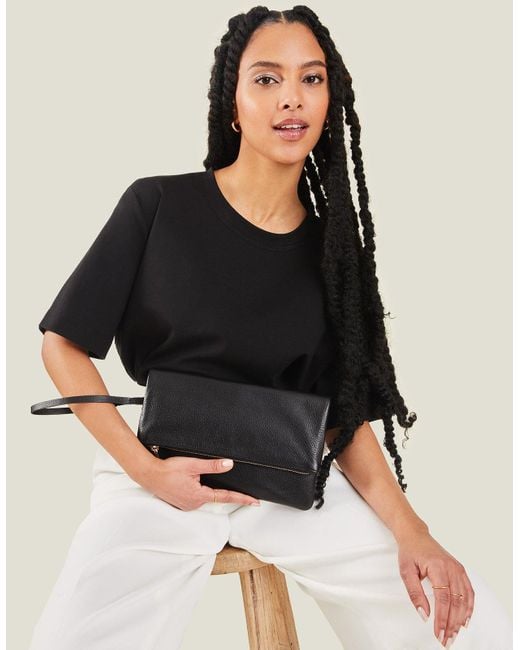 Accessorize Black Leather Fold-Over Clutch Bag