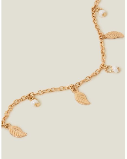 Accessorize Natural Women's Gold Leaf And Pearl Station Anklet