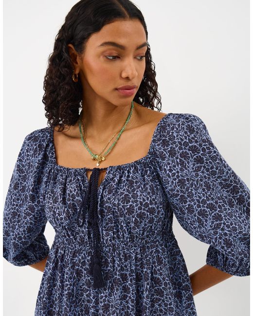 Accessorize Blue Mini Print Puff Cotton Floral Sleeve Dress