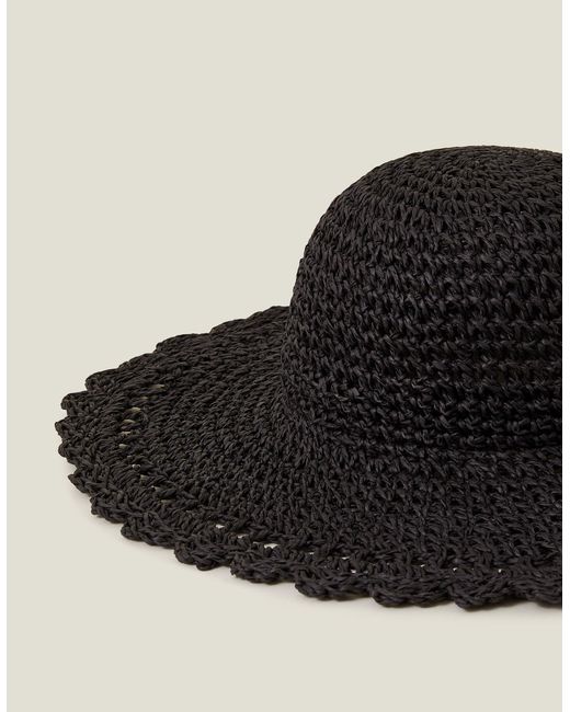 Accessorize Black Scallop Floppy Straw Sun Hat