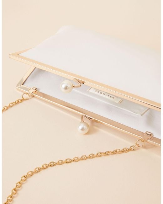 Accessorize Natural Women's White And Gold Bridal Pearl Clasp Satin Clutch Bag