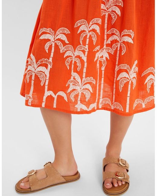 Accessorize Palm Embroidered Cotton Puff-Sleeve Midi Dress