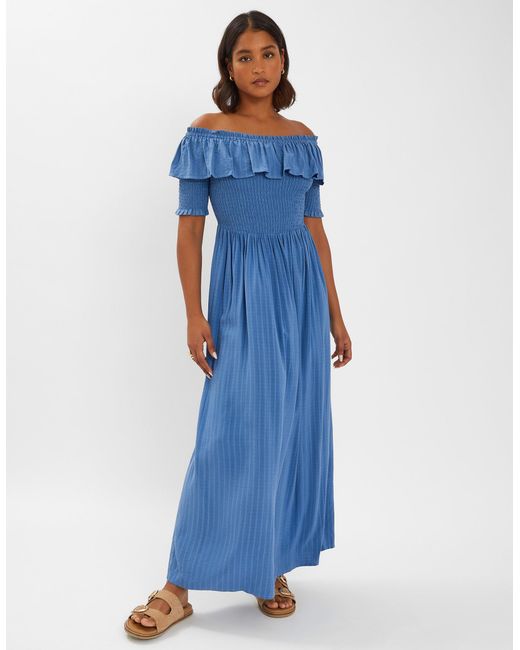 Accessorize Blue Off-The-Shoulder Smocked Maxi Dress
