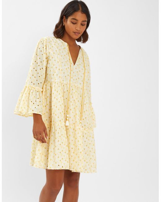 Accessorize Natural Broderie Flute-Sleeve Cotton Mini Dress